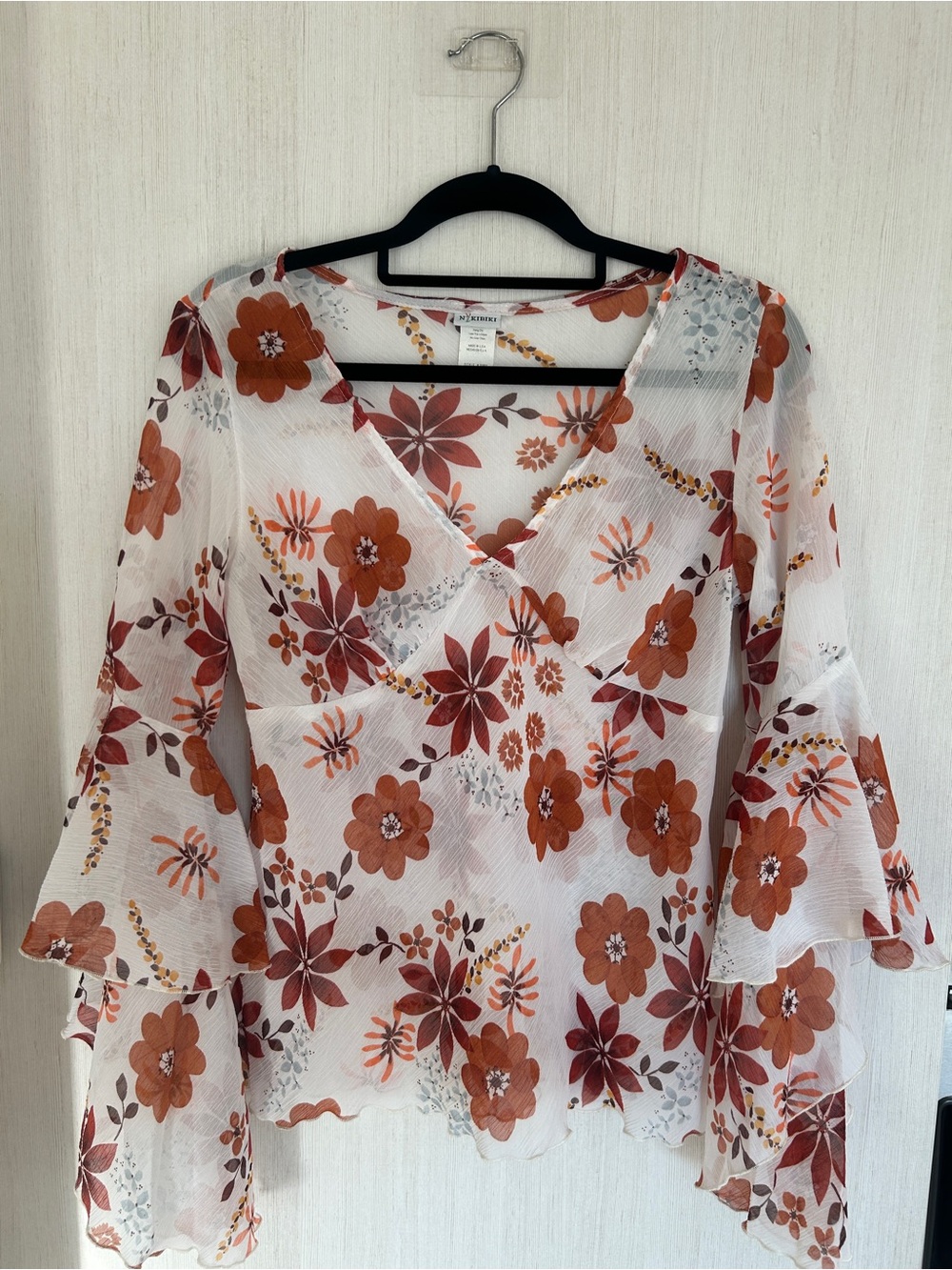 Vintage Y2K Sheer Floral Bell Sleeve Mesh Top Size M